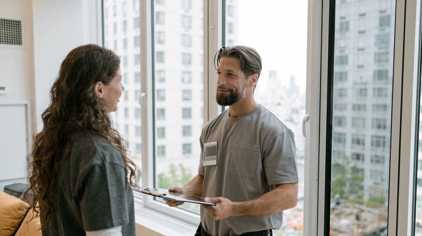 Homeowner consulting with smart film installer near window